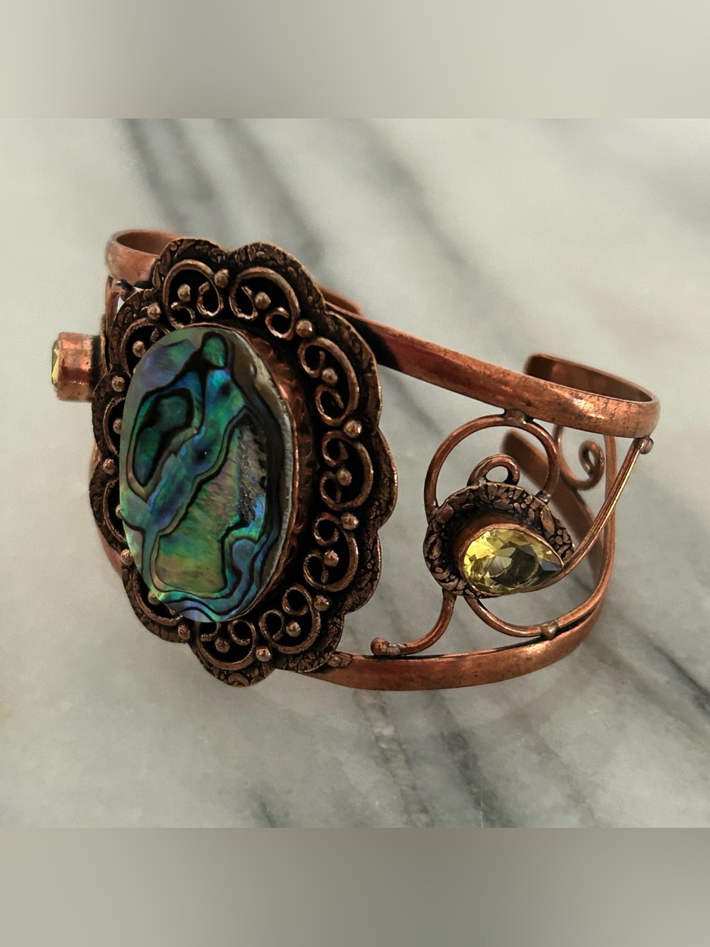 Vtg Abalone Shell Copper Cuff Bracelet - Green Accent